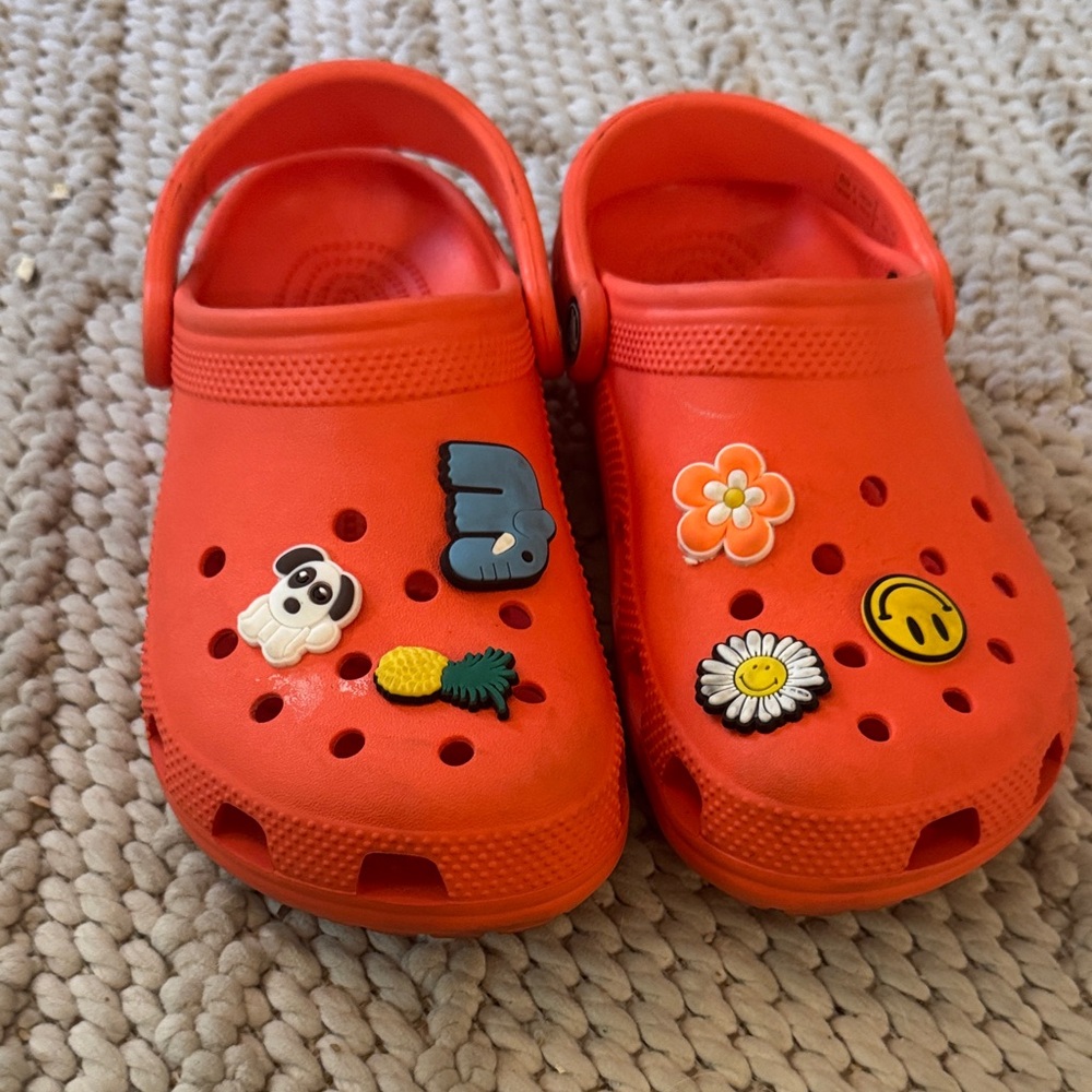 Kids Orange Clocs with Fun Charms
